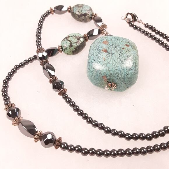 Turquoise Large Stone Hematite Necklace Faceted Beads Baubles Handmade Nice! - Picture 6 of 7